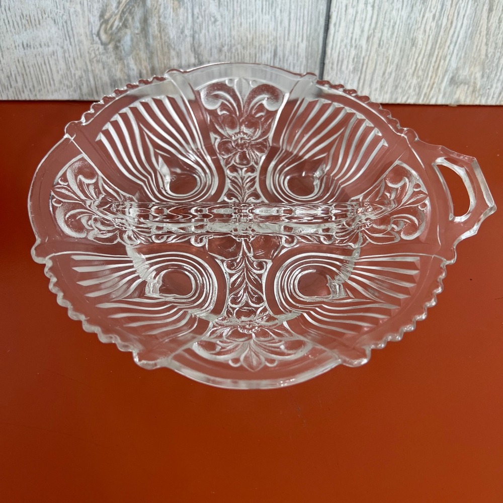Vintage Clear Pressed Glass Divided Relish Dish Floral Scalloped Edge Handle 8in